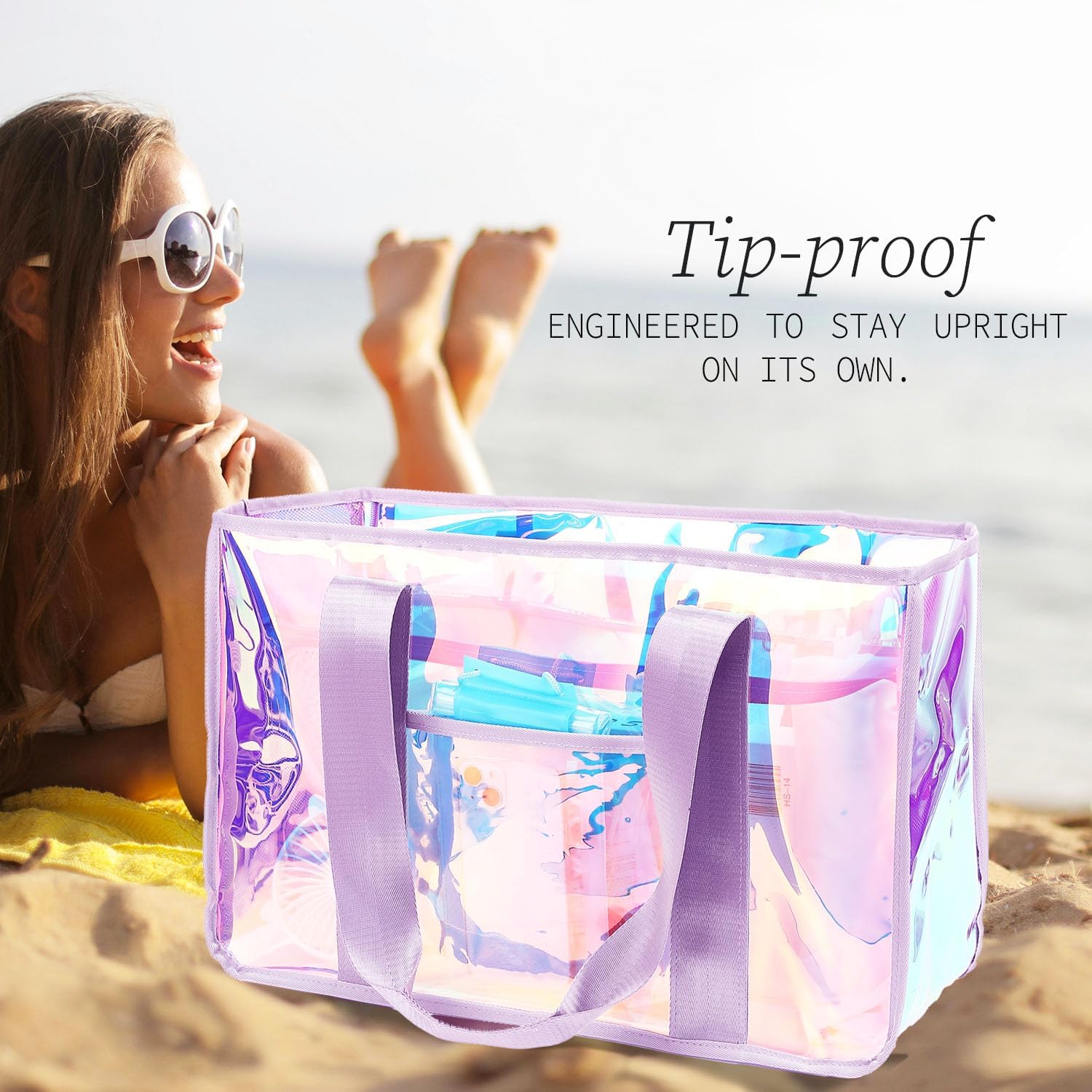 Fammart Iridescent Clear Beach Bag for Women, Jelly Tote Bag Waterproof Sandproof Pool Bag Cruise Vacation Essentials