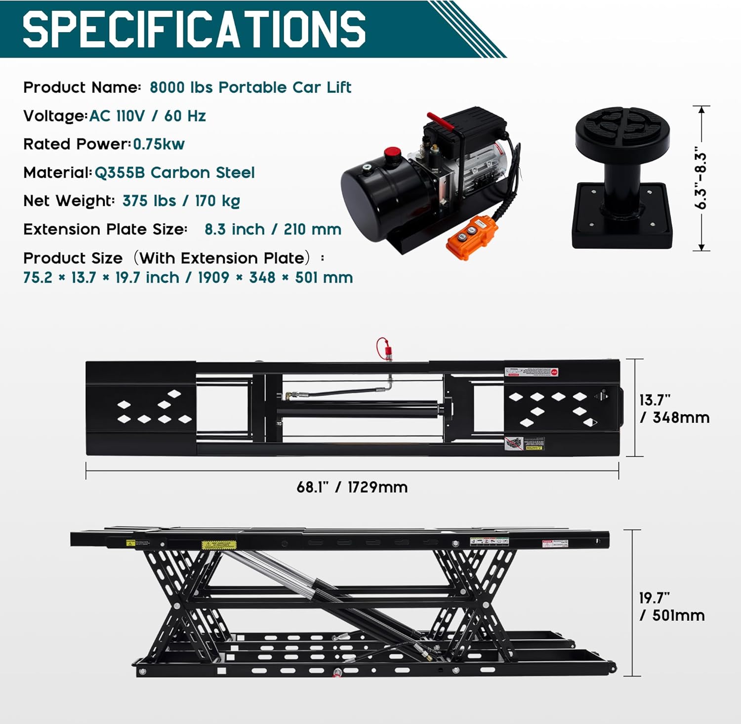 Albott 8000 LBS Portable Car Lift, Heavy-Duty Q355B Steel Construction Vehicle Lift, 25–30s Fast Cycle, Adjustable Height up to 27.4", Locking Levers & Extension Plate, Home Garage Use