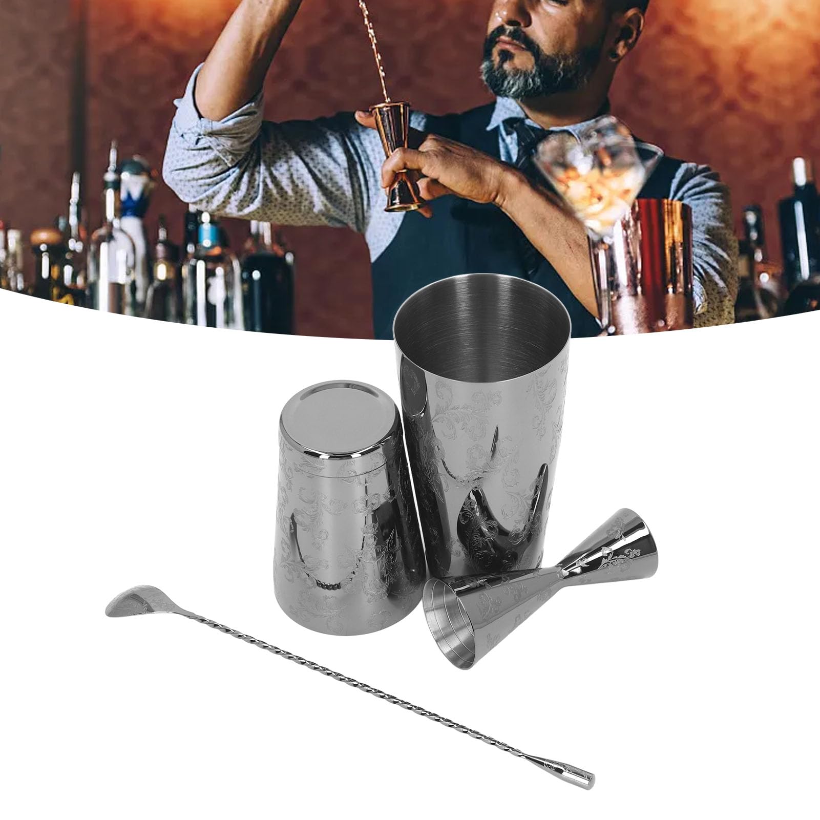 Juego de coctelera Boston de 4 piezas, kit profesional para barman, colador de cócteles con estampado vintage de acero inoxidable herramienta de barra coctelera para bebidas mixtas (B)