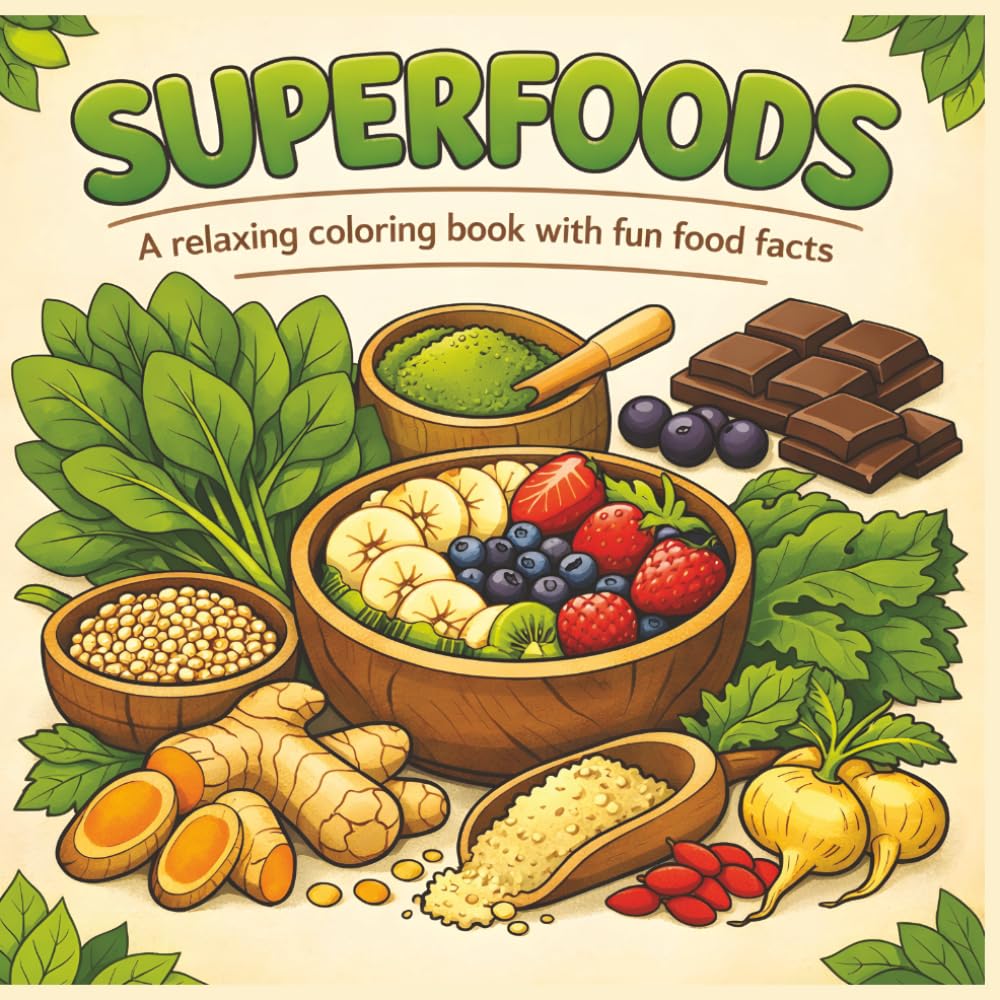 Superfoods: A relaxing coloring book with fun food facts|Bold Designs|Easy to color|Stress Relief and Relaxation