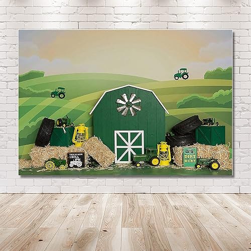 Miniatura 6 de MEHOFOND Fondo de fondo para fiesta de cumpleaños de tractor, para niño y niña, texto en inglés Happy 1st Birthday, diseño de granja verde, para