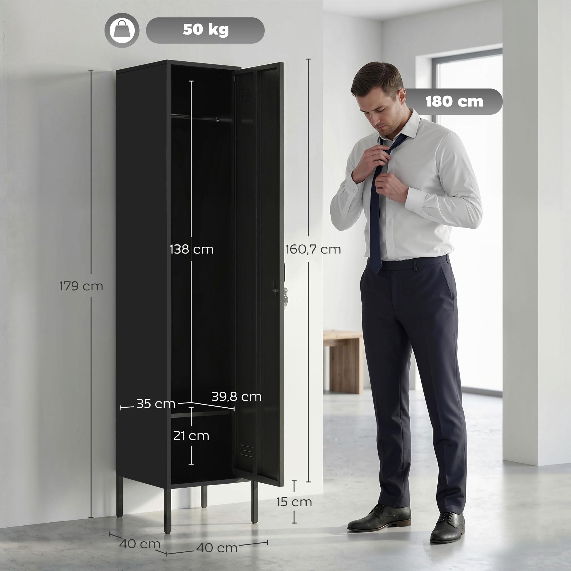 HOMCOM Metallshrank Spind Abschließbar Schließfachschrank mit Kleiderstange, Namensschildhalter, Lüftungsschlitze und Ablage Kleiderschrank Aufbewahrungsschrank 40x40x179cm Schwarz