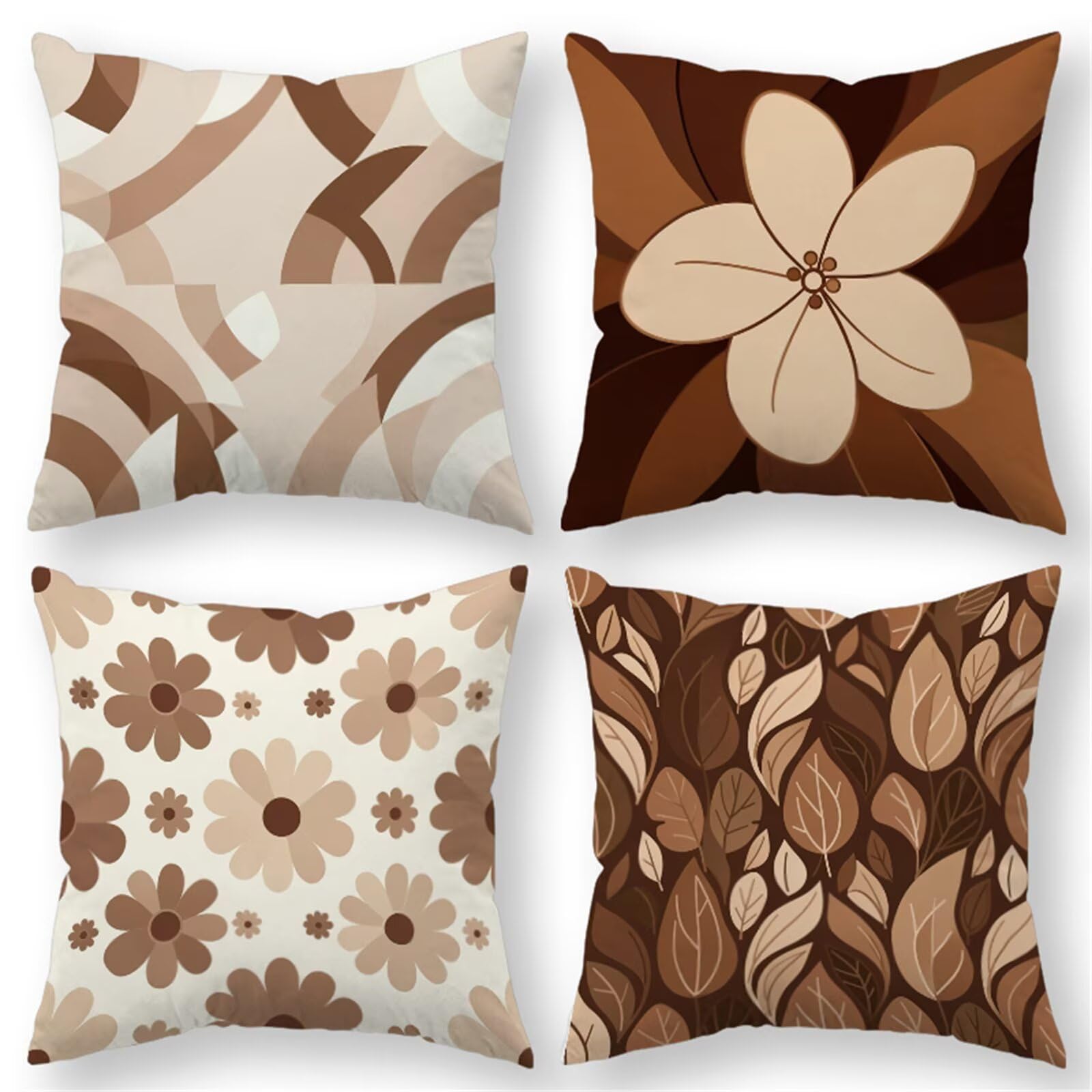 QiHon Brown Flowers Cushion Covers 30x30 cm Set of 4, Decorative Throw Pillow Cases, 12x12 inch Square Linen Pillowcases for Sofa Living Room Bedroo