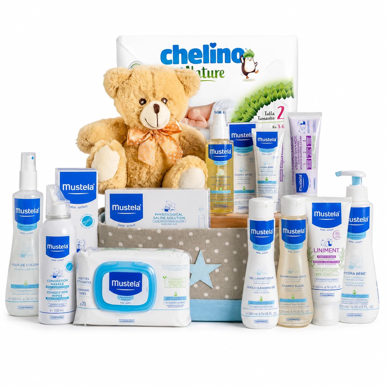 Canastilla Bebé Super Pack | Cesta Regalo Bebé y Recien Nacido | Higiene y Baño con Peluche Osito Beige, Gel, Champú, Colonia, Bálsamo, Aceite Masaje, Toallitas y Pañales (Azul)