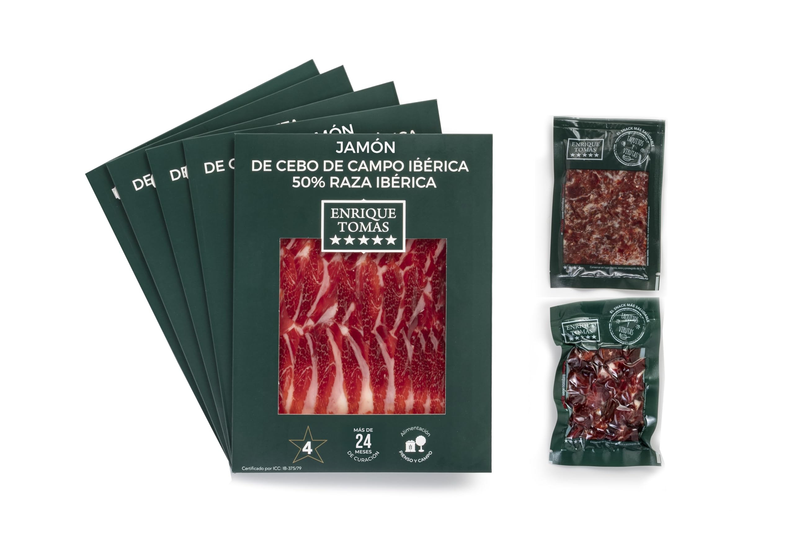 ENRIQUE TOMAS - Pack Sabor Ibérico: Jamón de Cebo de Campo Ibérico 50% Raza Ibérica, 500g, 5 sobres de jamón 80gr + 1 sobre de taquitos 80gr + 1 sobre de virutas 100gr | +30 Meses de Curación