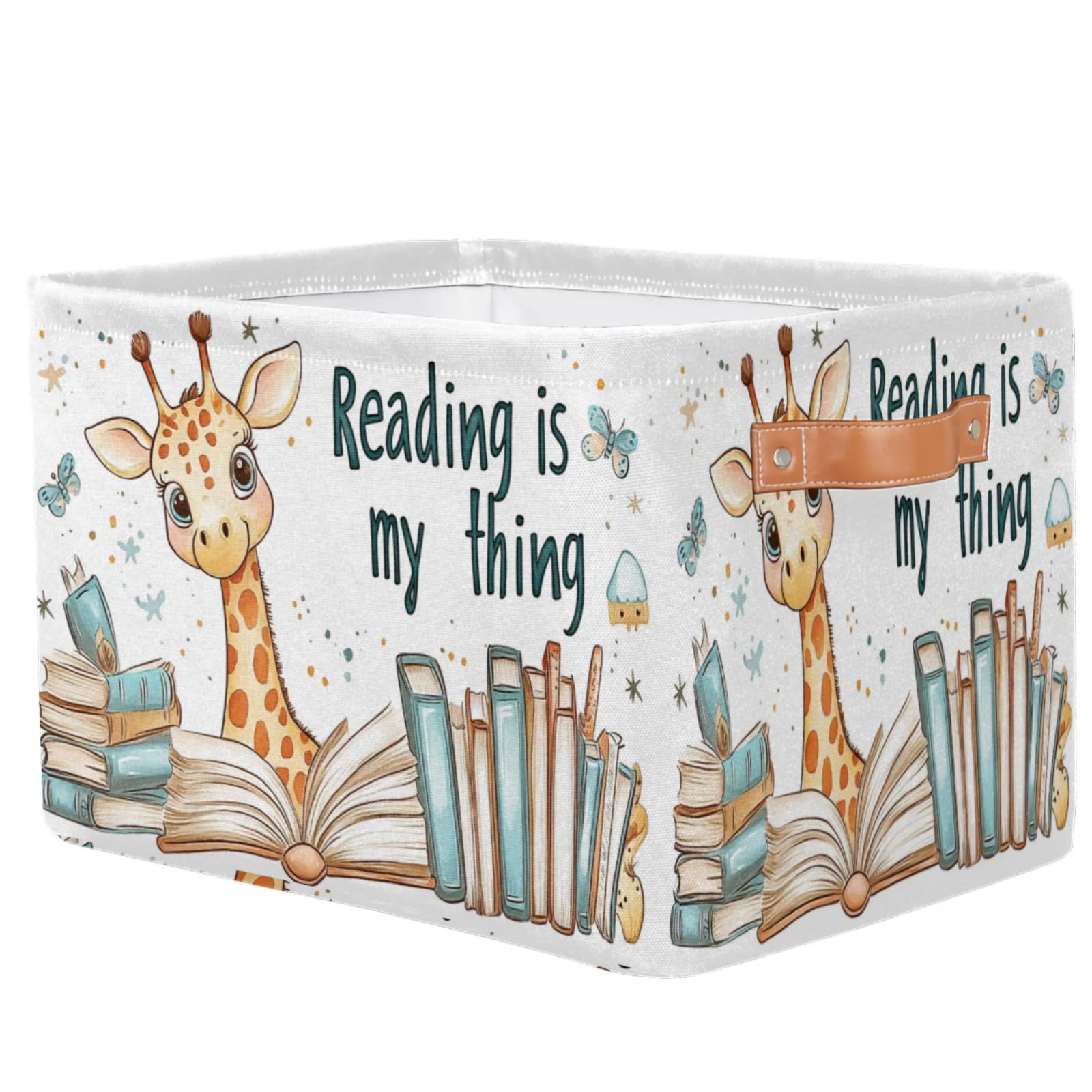 PATTERNFUL Rectangle Storage Basket with Leather Handle - Animal Reading Books Collapsible Nursery Hamper Cute Toy Box Shelf Baskets - Clothes Storages Cube Bins Organizer Room Decor(Giraffe)