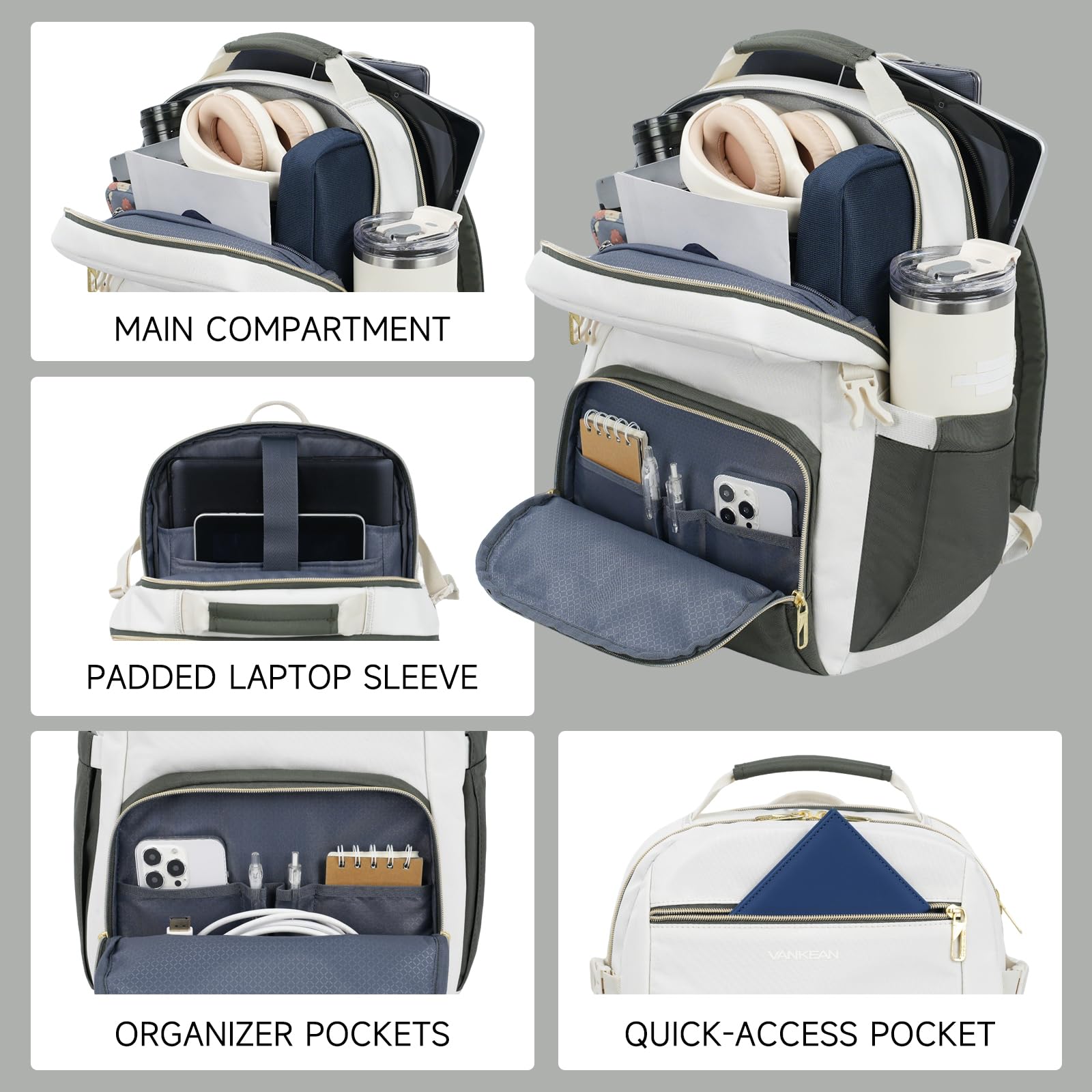 VANKEAN Zaino per computer portatile da donna con tasca gigante per bicchiere, 43,9 cm, per scuola, università, insegnante, zaino impermeabile, da lavoro, viaggio, borsa per computer portatile, beige