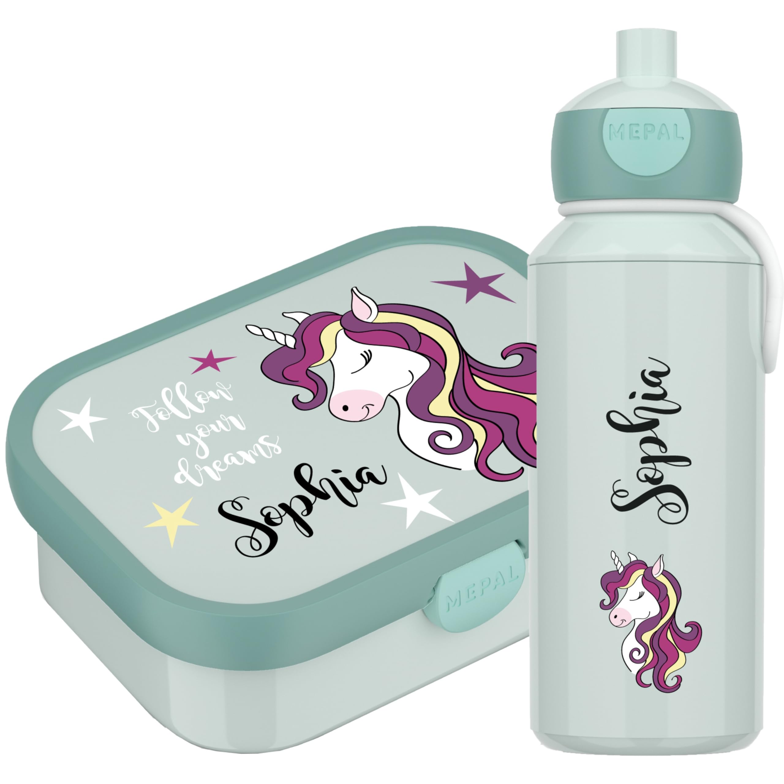 4youDesign Mepal Bento Box & Trinkflasche Set personalisiert follow you dreams – Geschenk für Kinder Weihnachten, Nikolaus, Geburtstag – Auslaufsicher – Brotdose 750ml, 400ml Flasche (Cool Mint)
