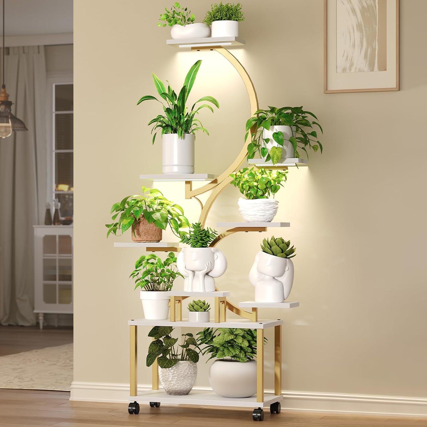Gold Plant Stand Indoor with Grow Lights, 9 Tiered Large Plant Shelf Flower Stand with Wheels, 63" Tall Plant Shelves for Living Room, Patio, Corner, Heavy Duty, White and Gold