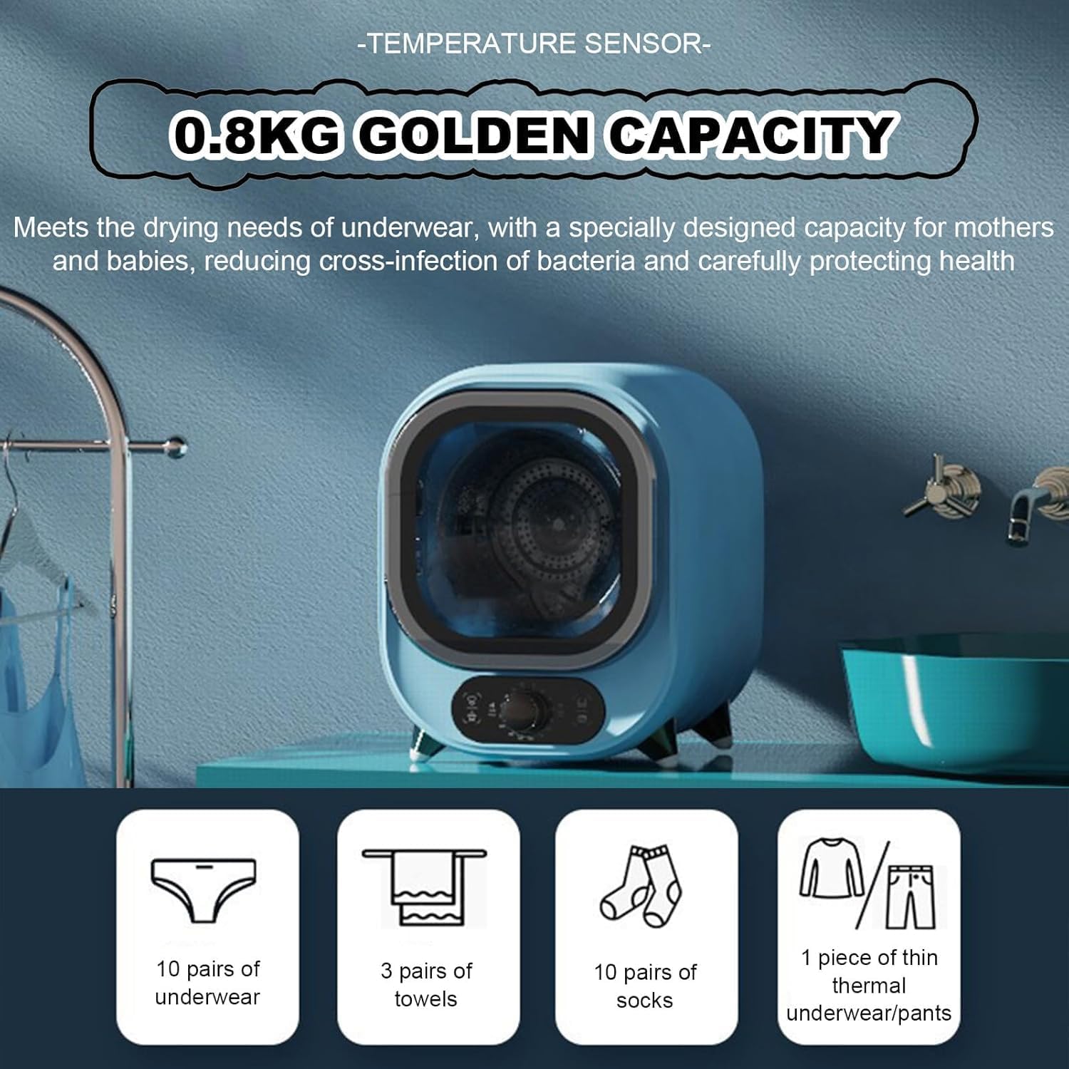 Compact Portable Spin Dryer, 0.8 Kg Electric Clothes Dryer with Stainless Steel Drum, Efficient Dehydrator for Home, Apartments, Rvs - Blue Blue
