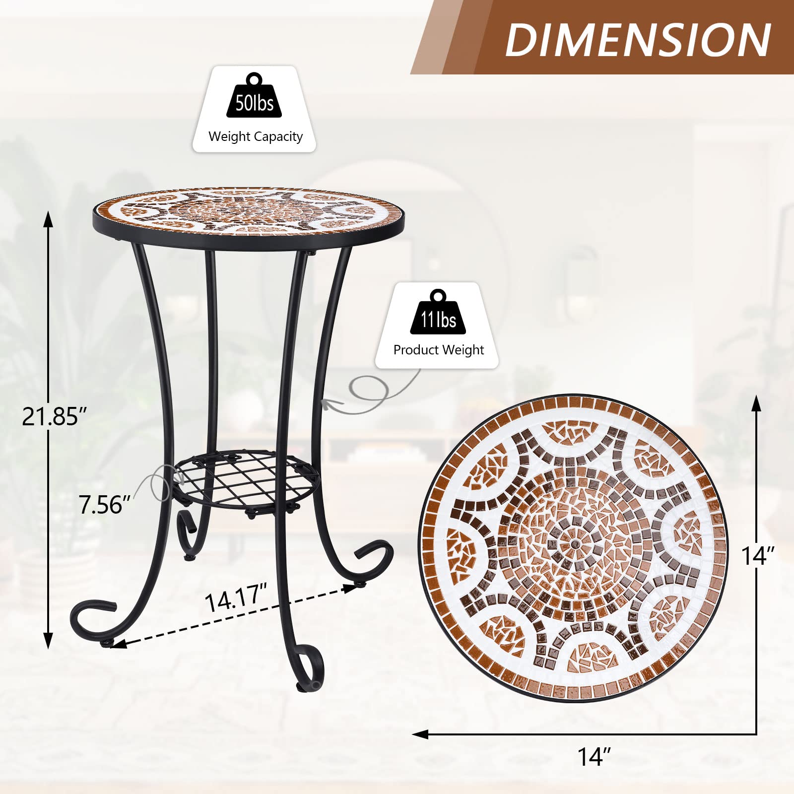 Mesa auxiliar de mosaico para exteriores, mesa de patio, mesa de decoración de mosaico, marco de metal, mesas auxiliares pequeñas, porche, playa, patio, jardín, balcón, color rojizo de 14 2