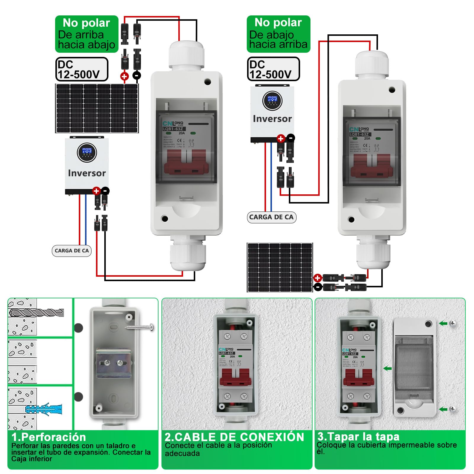 Interruptor Disyuntor DC 500V 20A IP65 1 Entrada 1 Salida para Paneles Solares - Caja de Conexiones Eléctricas con Montaje en Superficie para Sistemas Fotovoltaicos
