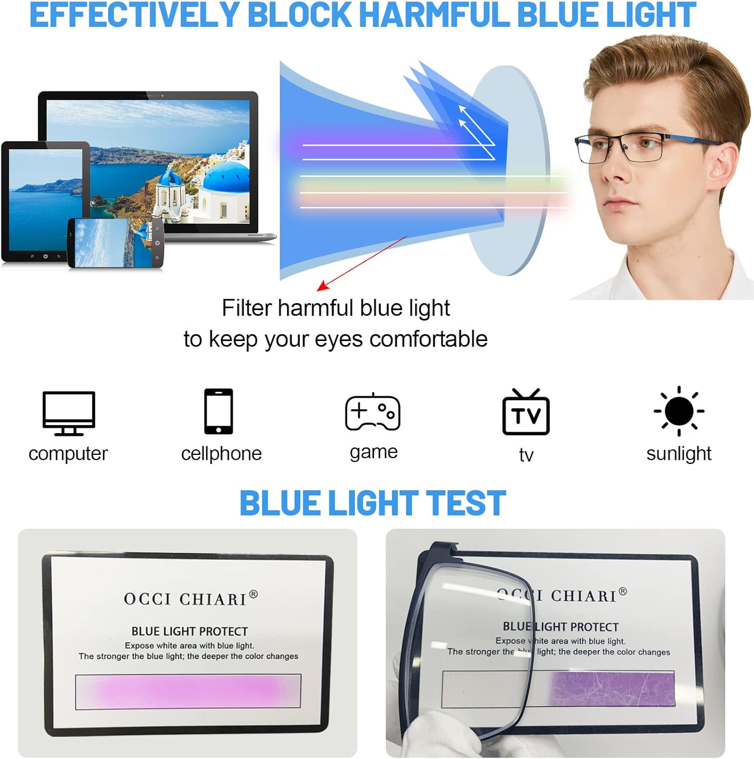 OCCI CHIARI Blue Light Filter Computer Glasses for Mens Rectangle Eyewear Clear Optical Eyeglasses Frame (Blue Black) image 3 of 6 B08QJ9WJDK