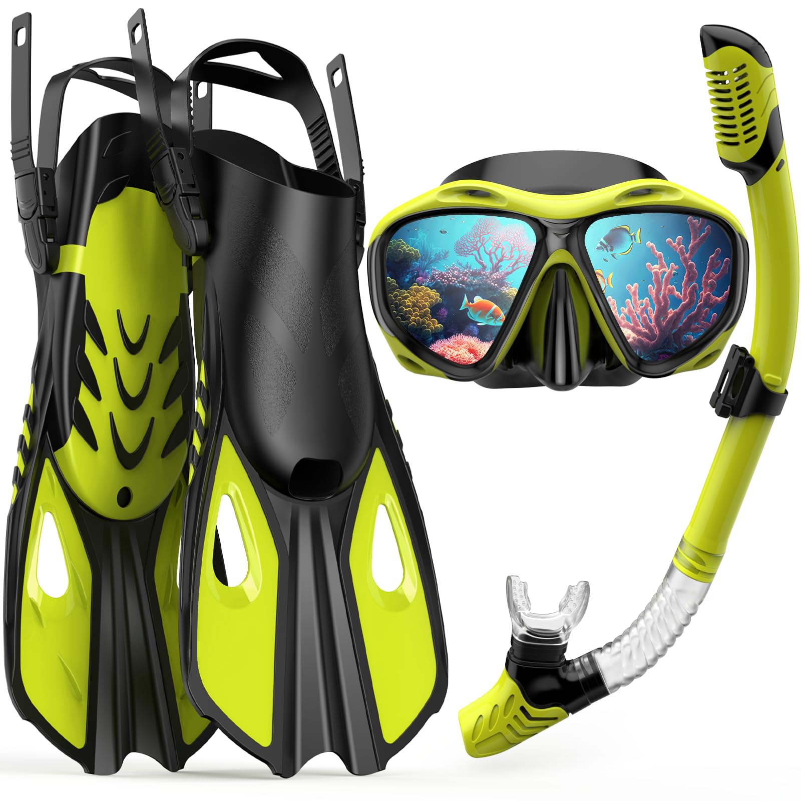 Snorkeling Gear for Adults Men Women, 3 in 1 Snorkel Set with Panoramic View Diving Mask Anti-Fog Anti-Leak, Snorkel Mask Dry Top Snorkel Fins for