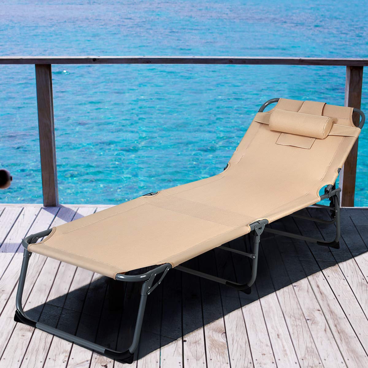 GOPLUS Tumbona Plegable, Tumbona Jardín Exterior con Agujero para la Cara, Almohada Extraíble y Respaldo Ajustable en 5 Posiciones, Tela Oxford, Playa Piscina Terraza, Carga 150kg, 194x60x36cm (Beige)