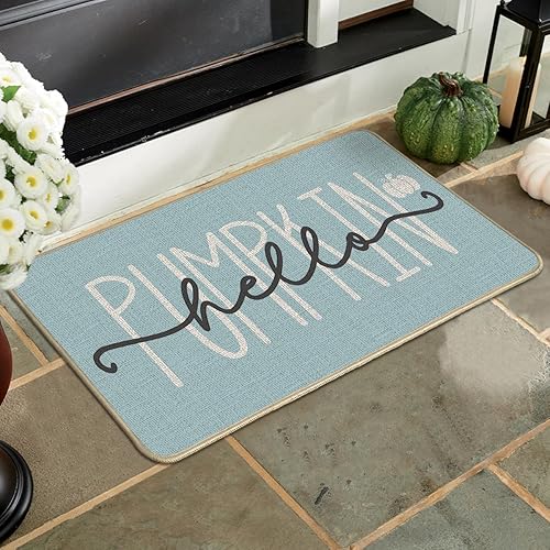 Miniatura 4 de Artoid Mode Felpudo de otoño con texto en inglés "Hello Pumpkin", color azul, para decoración del hogar, tapete de bajo perfil, tapete de piso para