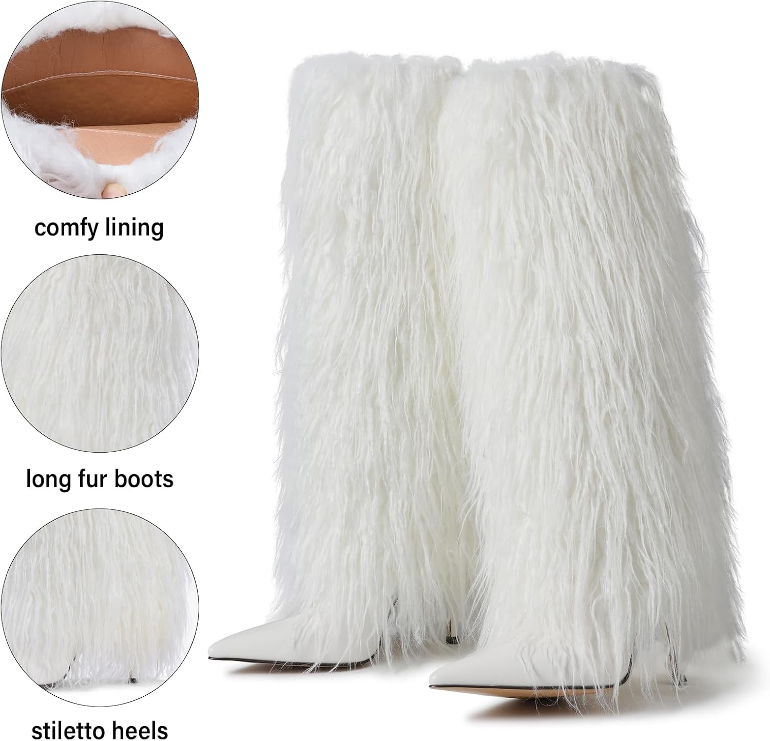 Kalstage Women Fur Knee High Boots Heels Wide Calf Fold Over Tall Boots for Party Evening Fashion Shows