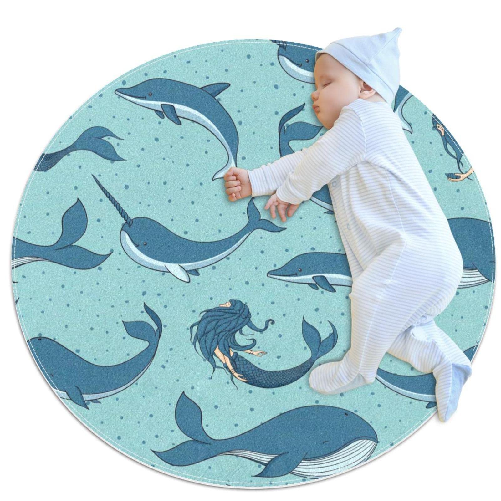 Alfombra infantil redonda JDEZ de 80x80cm, superficie suave de juego con narvales y delfines
