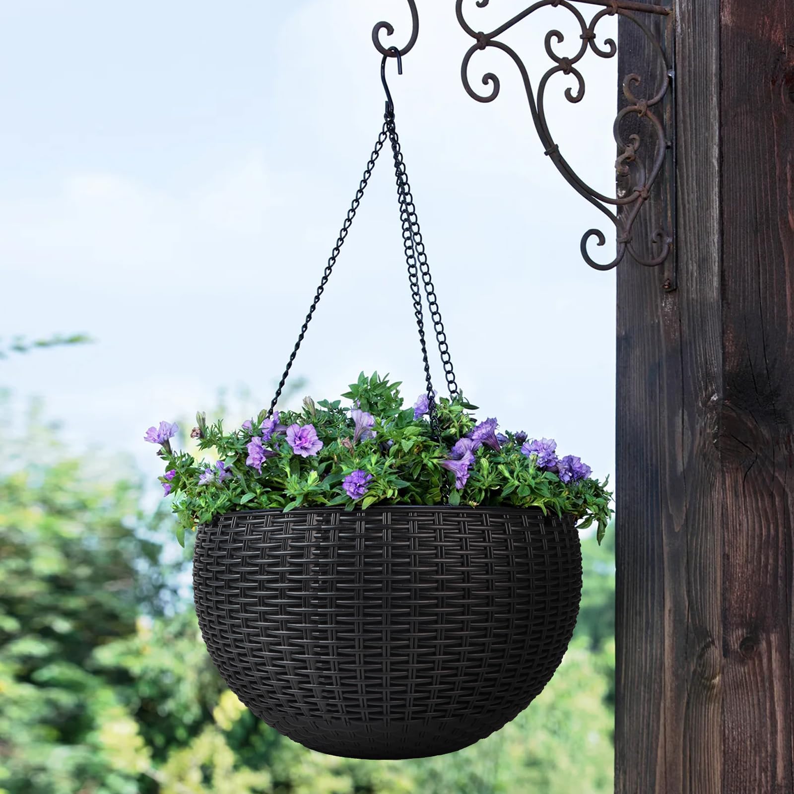 CPROSP 2pcs 28cm Vasi da Fiori Autoinnaffianti, Vasi da Fiori Sospesi | Fioriera Sospesa per Esterni Auto-innaffiatura per Esterni, Soffitti, Balconi Nero Con Foro di Scarico e Catene Antiruggine