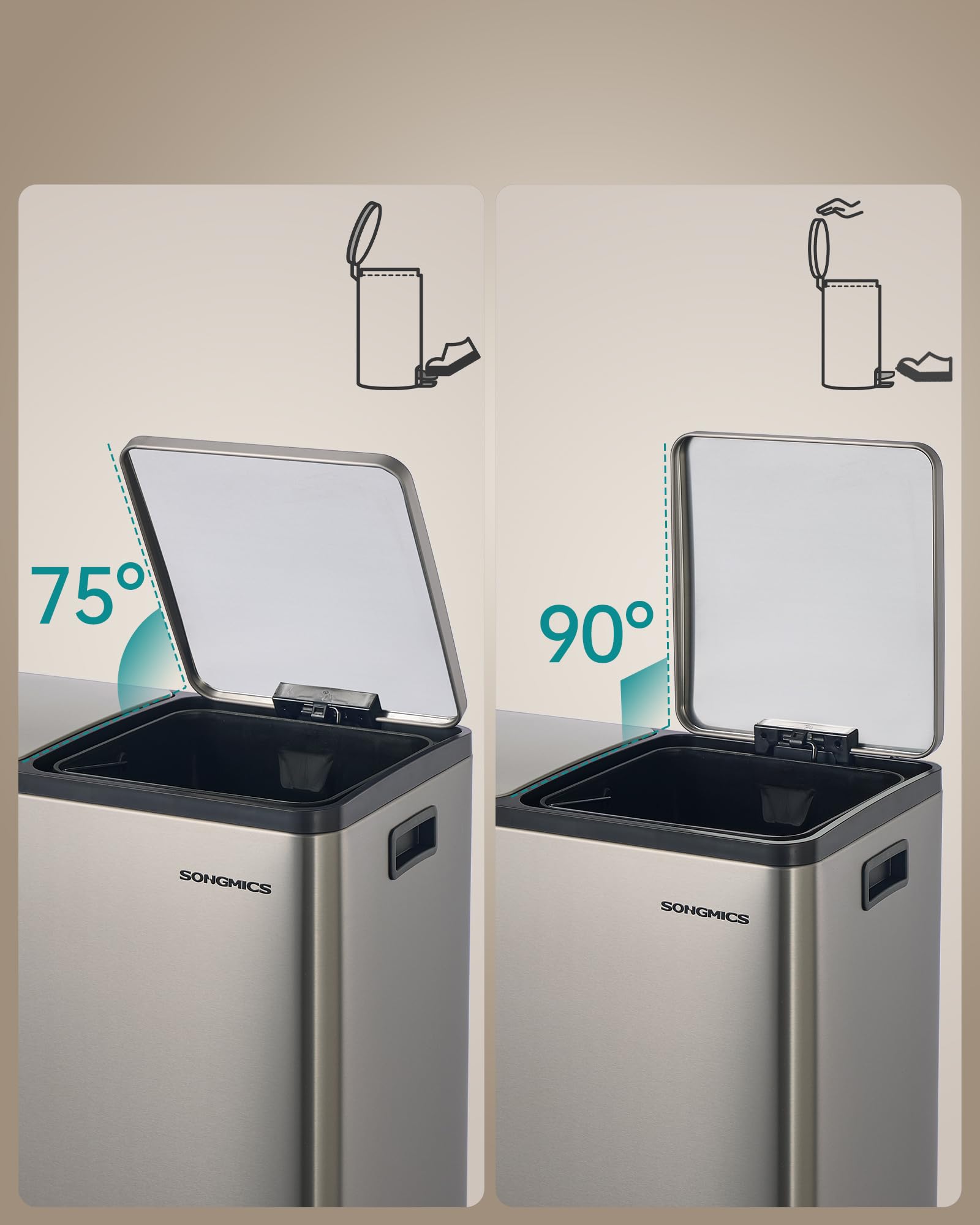 SONGMICS Kosz na śmieci kuchenny, 2 x 30 l, system segregacji śmieci, 2 przegródki, kosz na śmieci z 15 workami na śmieci, kosz na śmieci z pedałem, wyjmowany kosz wewnętrzny, pokrywka Softclose