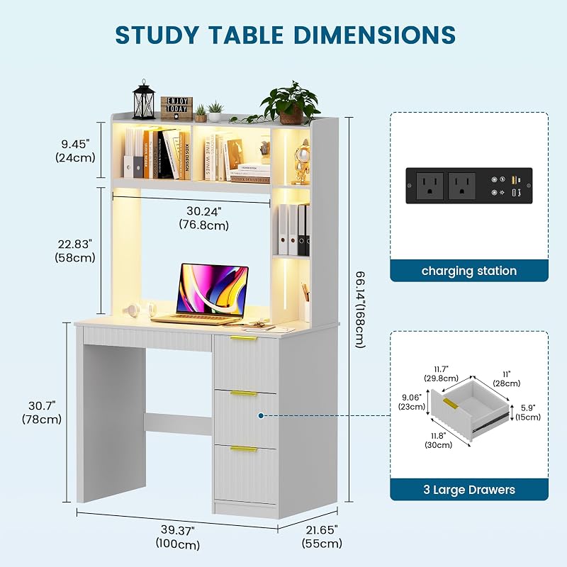WOOVIVS Desk with Hutch and Drawers for Bedroom,Home Office,White image 2