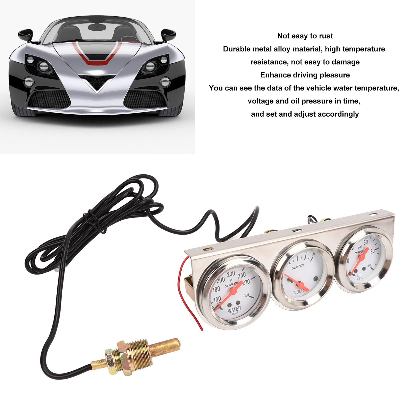 Aramox Kit de Calibre Triple para Automóvil, Kit de Calibre Triple para Automóvil de 52 Mm Esfera Blanca 12 V Presión de Aceite Voltímetro de Temperatura del Agua Medidor de