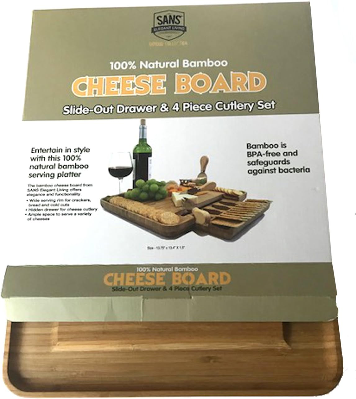 100% Bamboo Cheese Board with Cutlery Set | Wooden Serving Platter with Slide-Out Drawer & 4 Piece Stainless Steel Serving Set | Novelty Housewarming, Wedding Gift Idea | Premium Design BPA Free