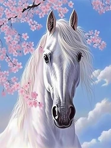 Pavemlo Kits de pintura de diamantes 5D para caballos adultos arte redondo de diamante de perforación completa pintura de imágenes de flor de cerezo