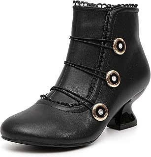 Women's Ankle Boots Low Heels Lace Buttons Round Toe Side Zipper Vintage...