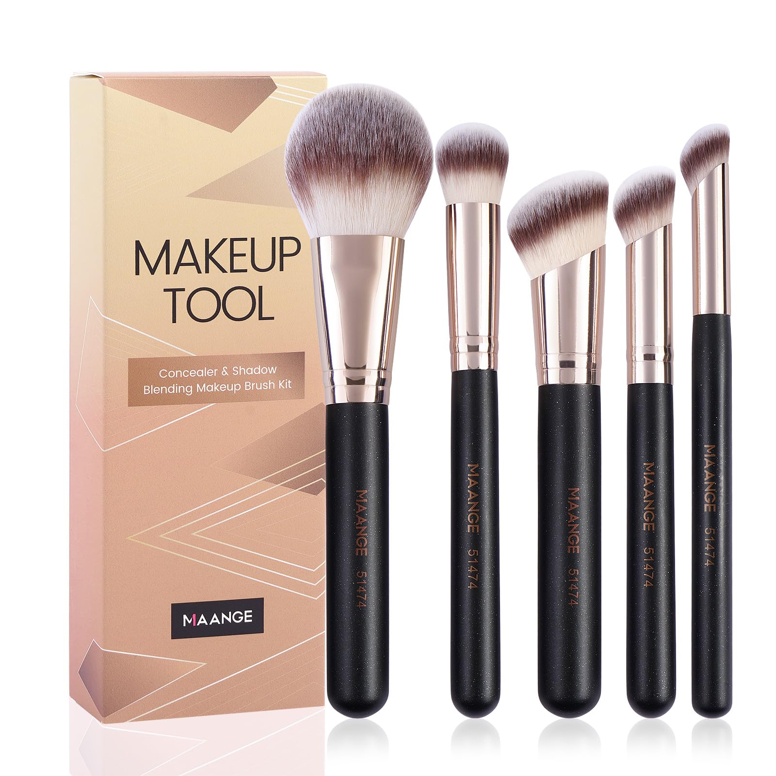 Makeup Brush Set 5-Piece Professional Synthetic Makeup Brushes for Foundation, Blush, Power Concealer & Contour Application Travel Make Up Brush with Box (Black)