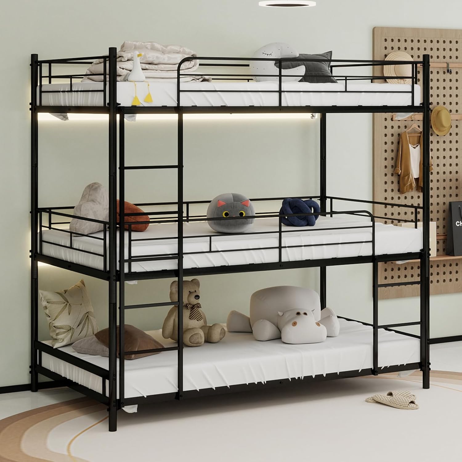 Metal Triple Bunk Bed for 3, Heavy Duty Twin Over Twin Over Twin Bunkbeds with Built-in Ladder and Full-Length Railing, Family-Friendly for All Ages, Bedroom, Apartments, Black