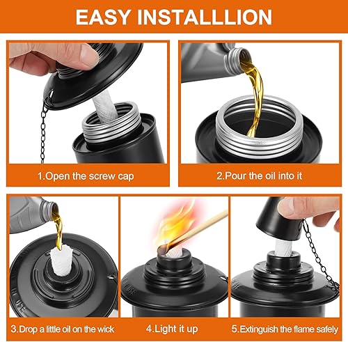 Miniatura 5 de Botes de antorcha de 16 onzas, 4 paquetes de recipientes de repuesto recargables con mechas y tapas, farol de mesa decorativo de metal para jardín,