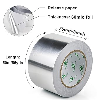 BOMEI PACK 1 Roll Aluminum Foil tape 75mm x 50m for home Heating Ventilation air HVAC Ducts Repairing Fixing Kitchen Jointing flame Cold heat resistant Waterproofs 3 inch Foil Tape