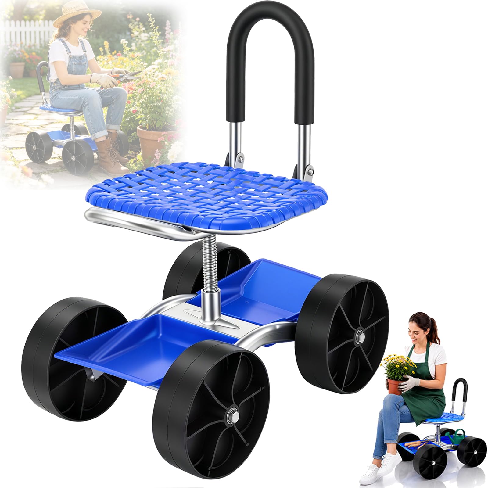 Sgabello Giardino, Carrello Giardino con Ruote Sedile Mobile Panca Lavori in Ginocchio Carrello Girevole a 360° Altezza Regolabile Sgabello Mobile con Maniglia e Vano Portaoggetti Portata fino a 150kg