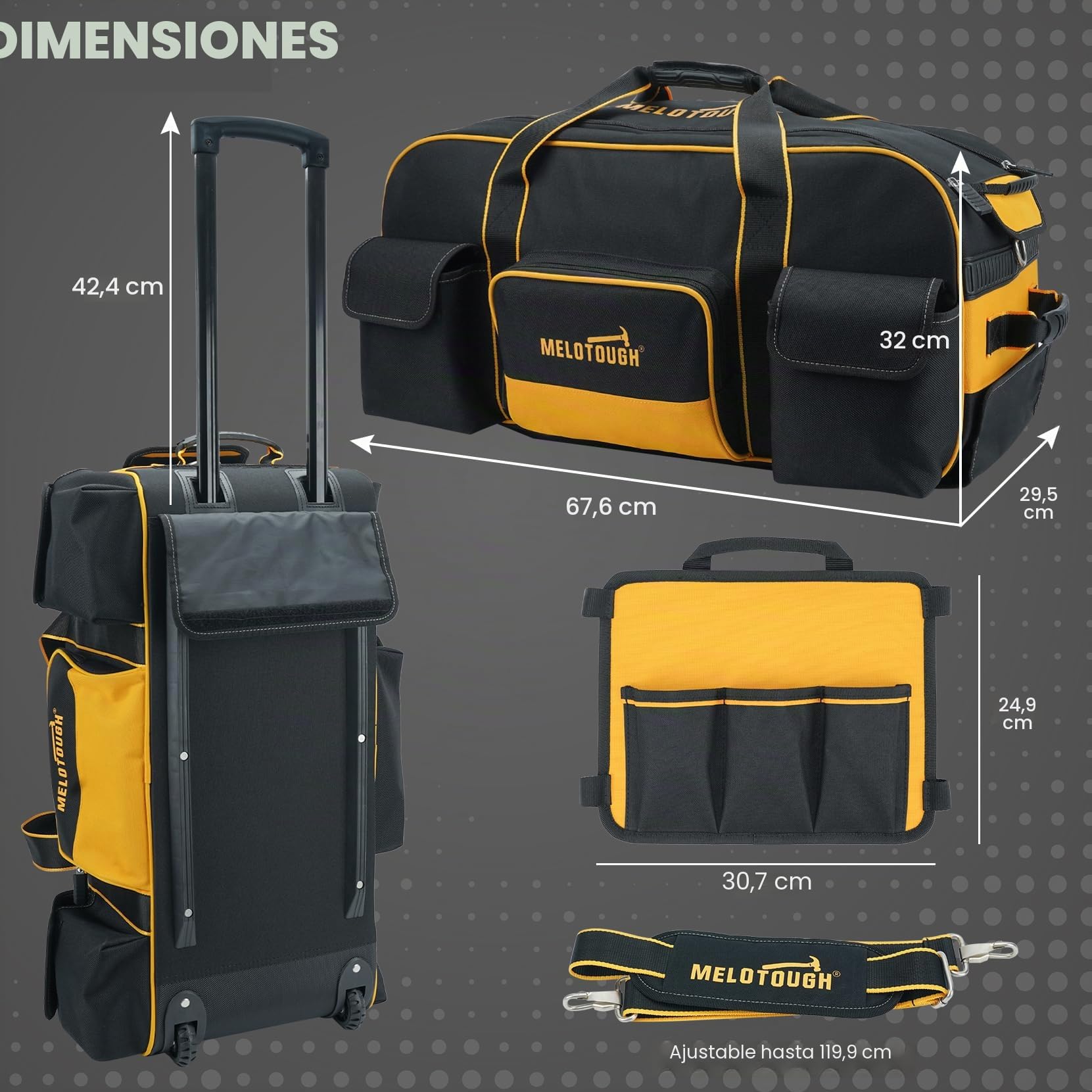 MELOTOUGH Bolsa de herramientas rodante con ruedas, organizador de bolsas de herramientas de gran capacidad con asa telescópica oculta para electricistas, construcción, HVAC, técnicos (amarillo/negro)