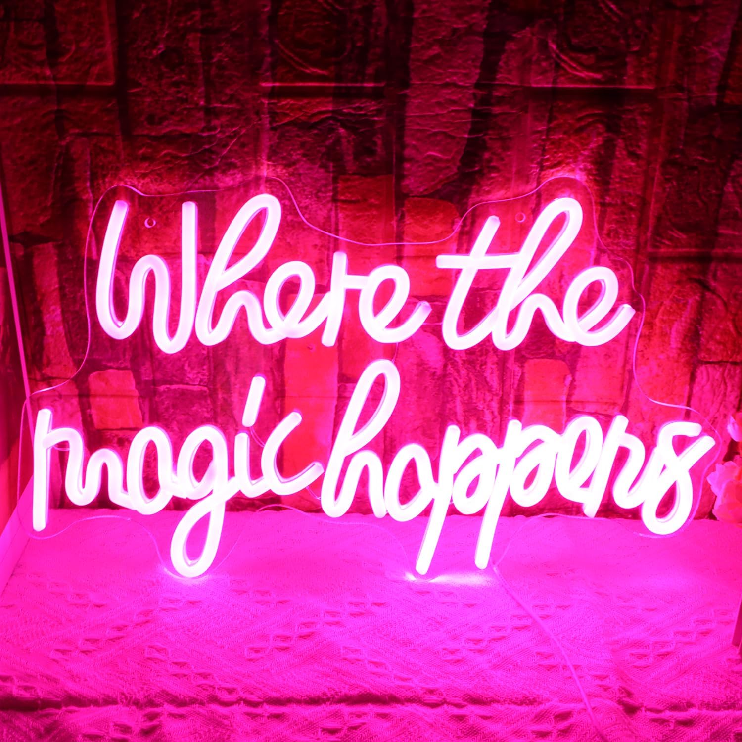 Where The Magic Happens Neon Sign for Wall Decor USB Powered Dimmable Pink Word Letter Led Light Up Signs for Bedroom Men Cave Home Bar Salon Wedding Party Decor Birthday Xmas Gifts for Kids