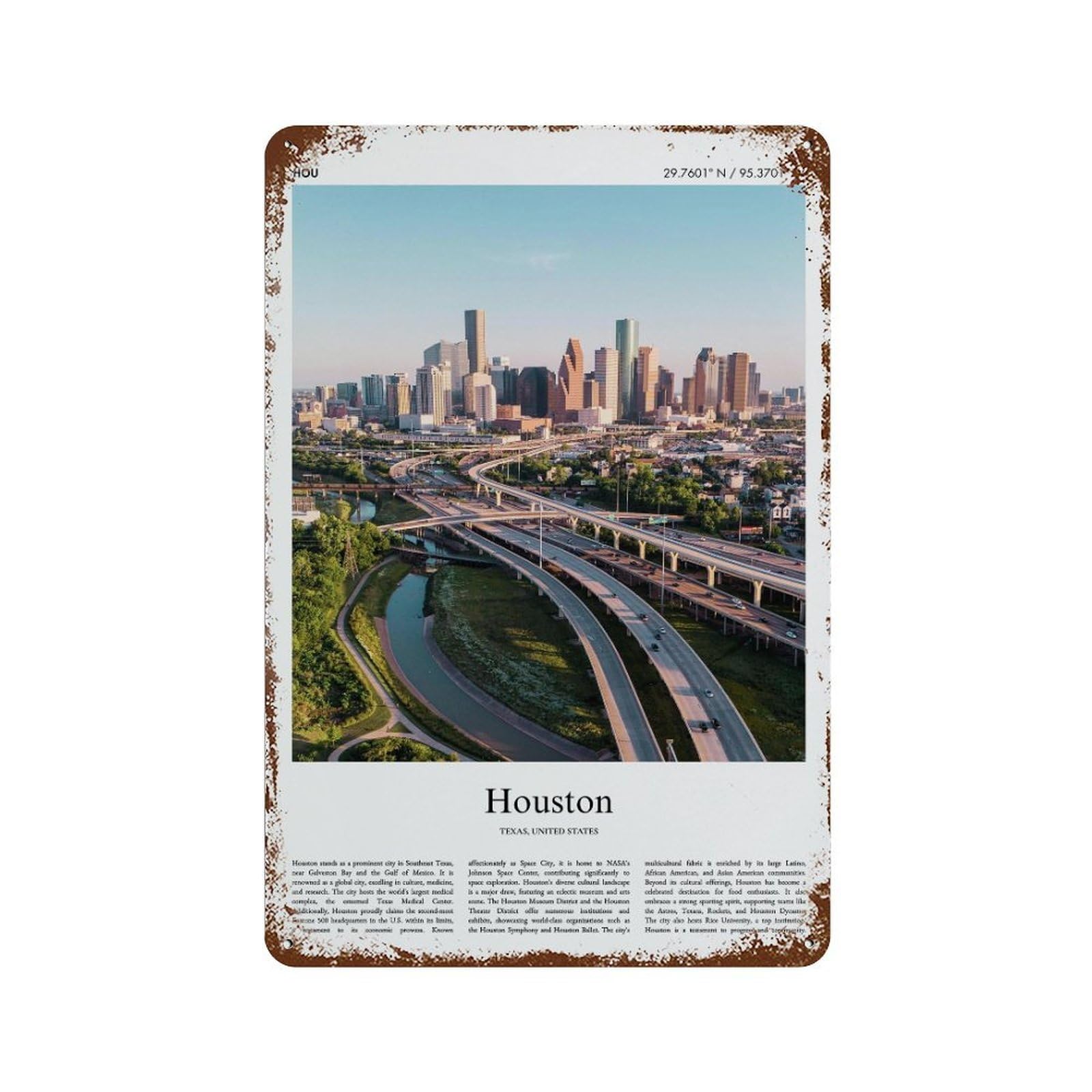 xiaoxiaoshen Houston Texas, United States, USA City Scenery Wall Decor Art Metal Tin Poster Modern Home Decor Art Home Bar Shop Decorations Vintage Sign 30x20cm