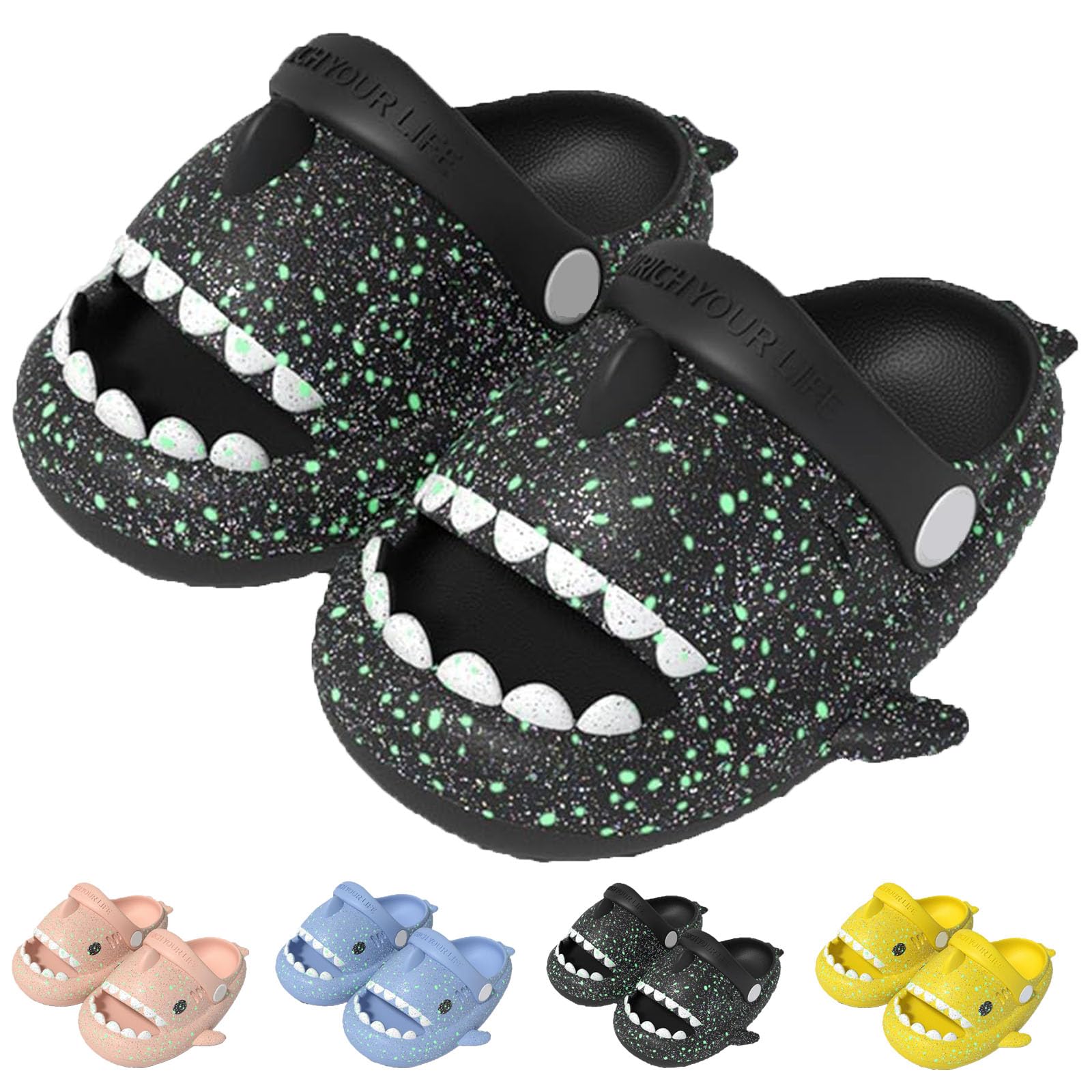 Jfxgjuv Angler Fish Slides Glow in The Dark Kids Shark Slides Glow in The Dark Luminous Shark Slippers Cloud Shark Slides with Strap Spooky Shark Slides (Black,14.5-15 Big Kid)