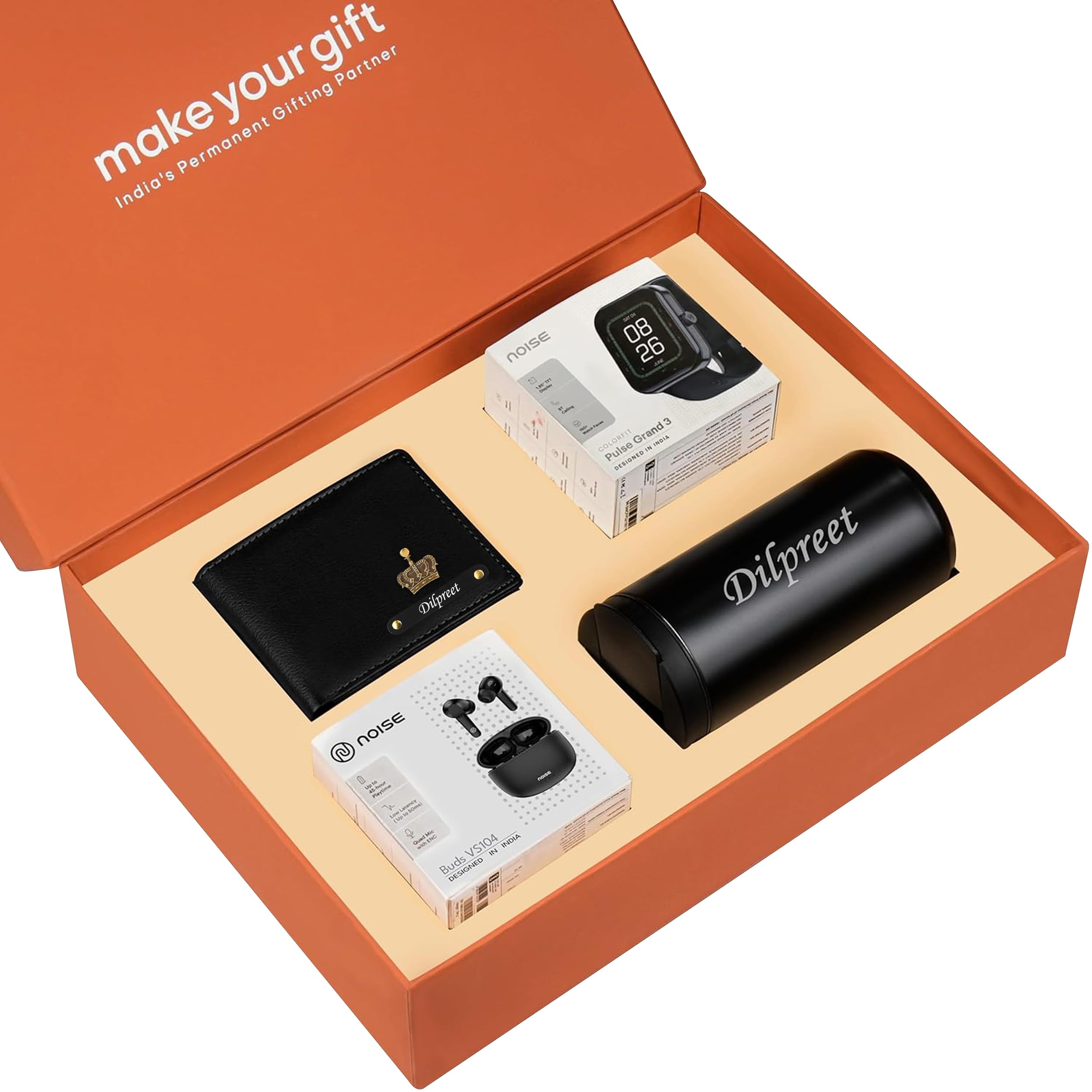 makeyourgift Personalized Wallet Smart Watch Earbuds & Tumbler Gift Hamper | Birthday, Anniversary & Valentine's Day Gift Set | Best for Husband, Boyfriend, Father, Brother, etc (Black)-picture-18