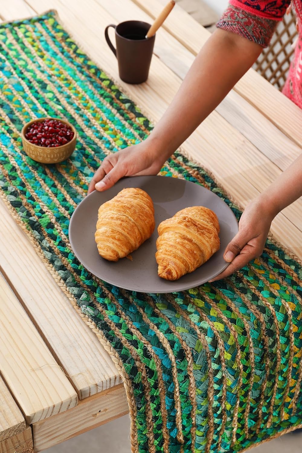 DANGAYACH ART ( Pack of 2 ) Beige & Green Jute Table Runner Rug – 14 x 36 Inches – Indian Handwoven Dining Table Décor, Kitchen, Coffee Table – Bohemian Farmhouse Decor