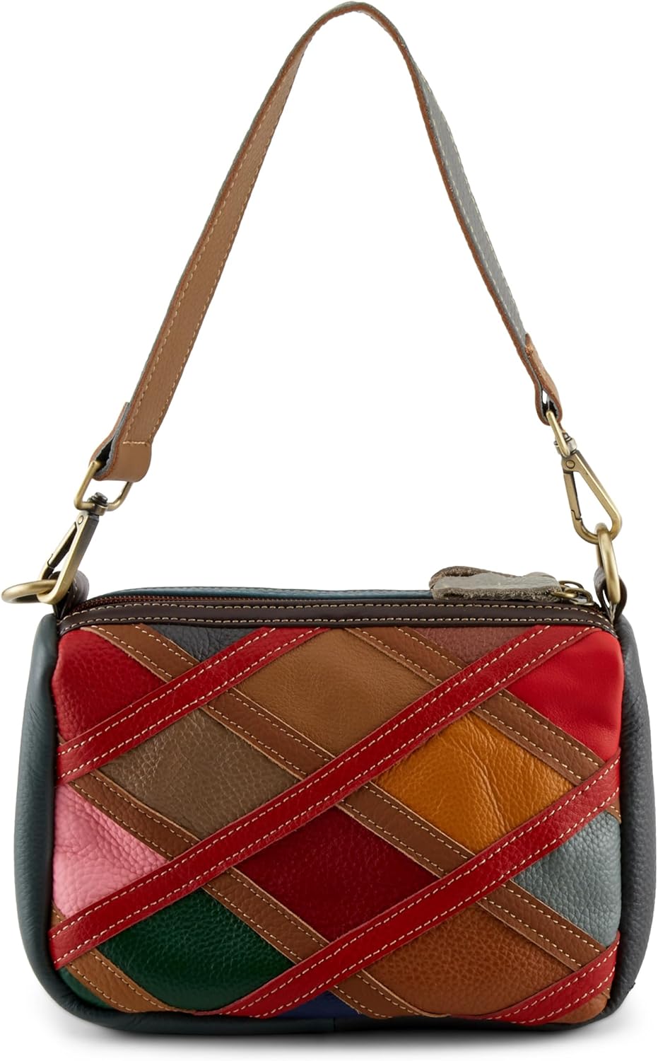 Spring Step L'Artiste HB-Shoulder – Multicolor Genuine Pebbled Leather Compact Shoulder Bag with Dual Zip Compartments and Convertible Straps – Rainbow