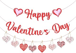 Happy Valentines Day Banner Red Glittery Paper Decorations Felt Garland Heart Photo Props for Home Party Decor