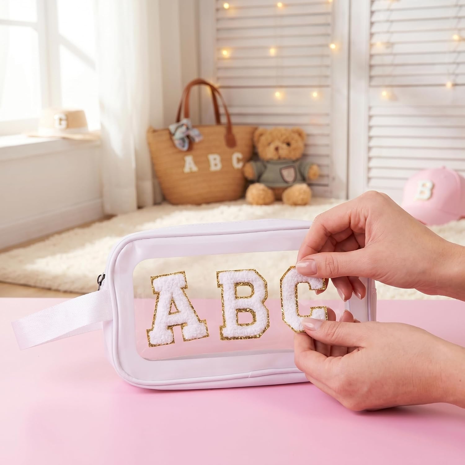 52Pcs White Chenille Letter Patches with Gold Trim, Self-Adhesive No Iron Preppy Varsity Initial Stickers, 2 Full A-Z Sets for Jackets Hats Denim Backpacks & DIY Crafts
