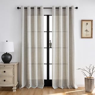 Melodieux Sheer Curtains 84 Inches Long for Bedroom - Grommet Top Burlap Linen Textured Light Filtering Privacy Thick Living Room Curtains (Set of 2, 52inch x 84inch, Natural)