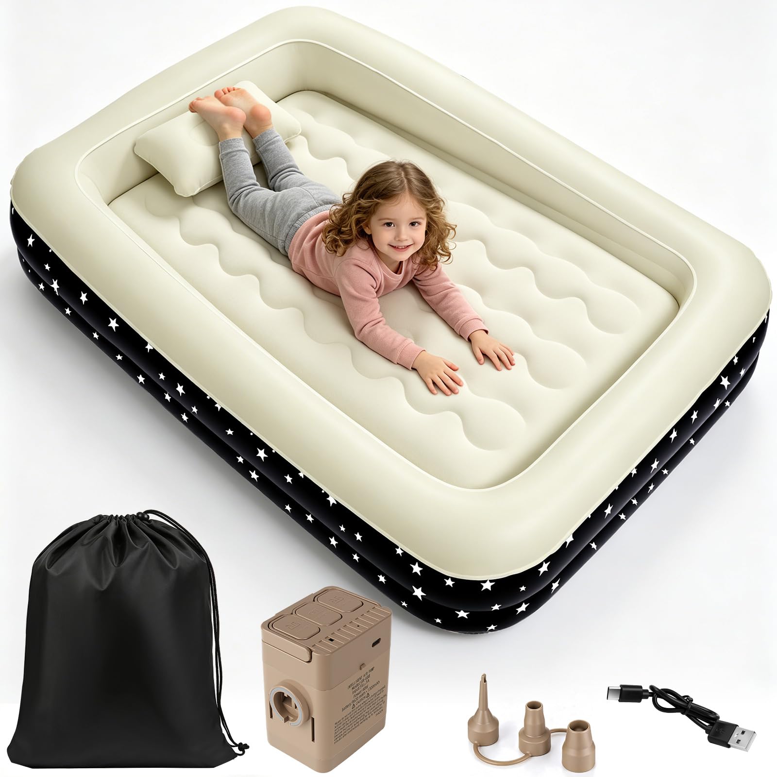 IEEILULU Luftmatratze Selbstaufblasend, Luftbett 1 Personen mit Integrierter Pumpe, Beflocktes Luftbett Tragbare Luftmatratze für Kinder, Aufblasbares Reisebett Kinder Reisen, Camping155 x 105 x 32 cm