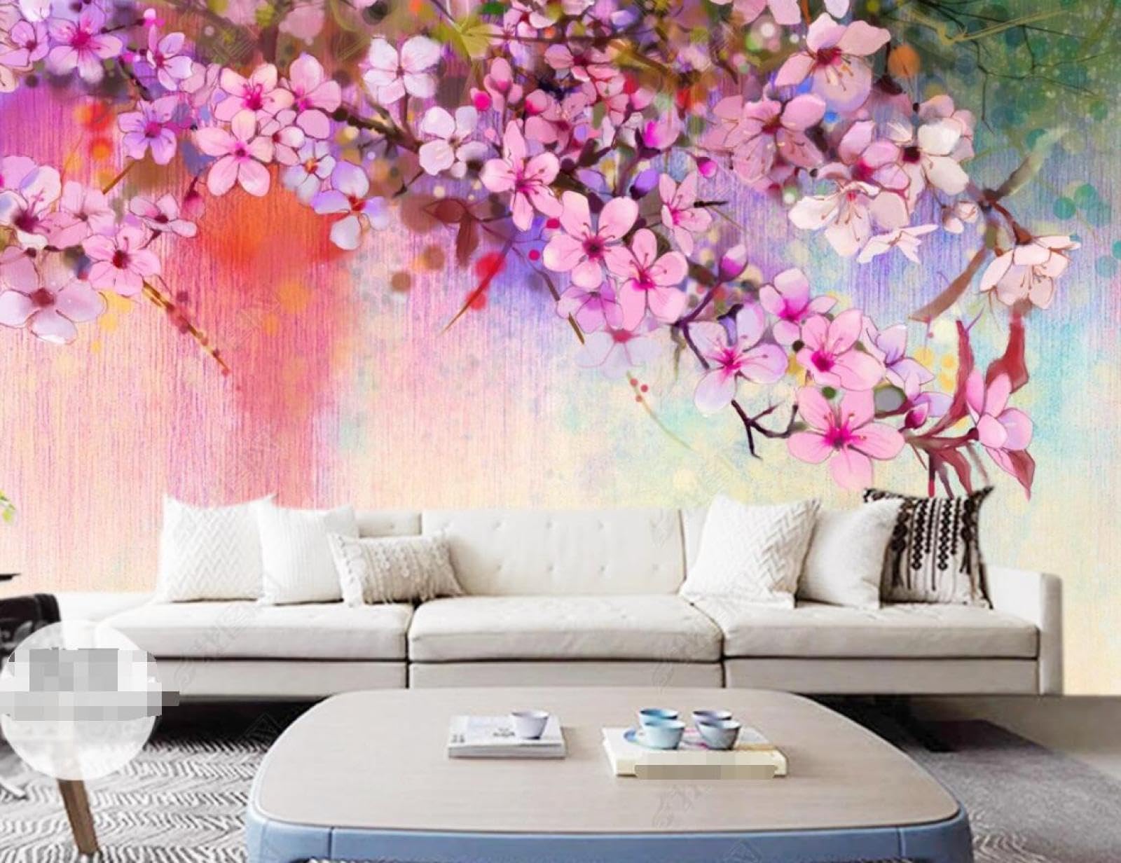 Papier peint panoramique fleurs roses 300x210cm pour salon