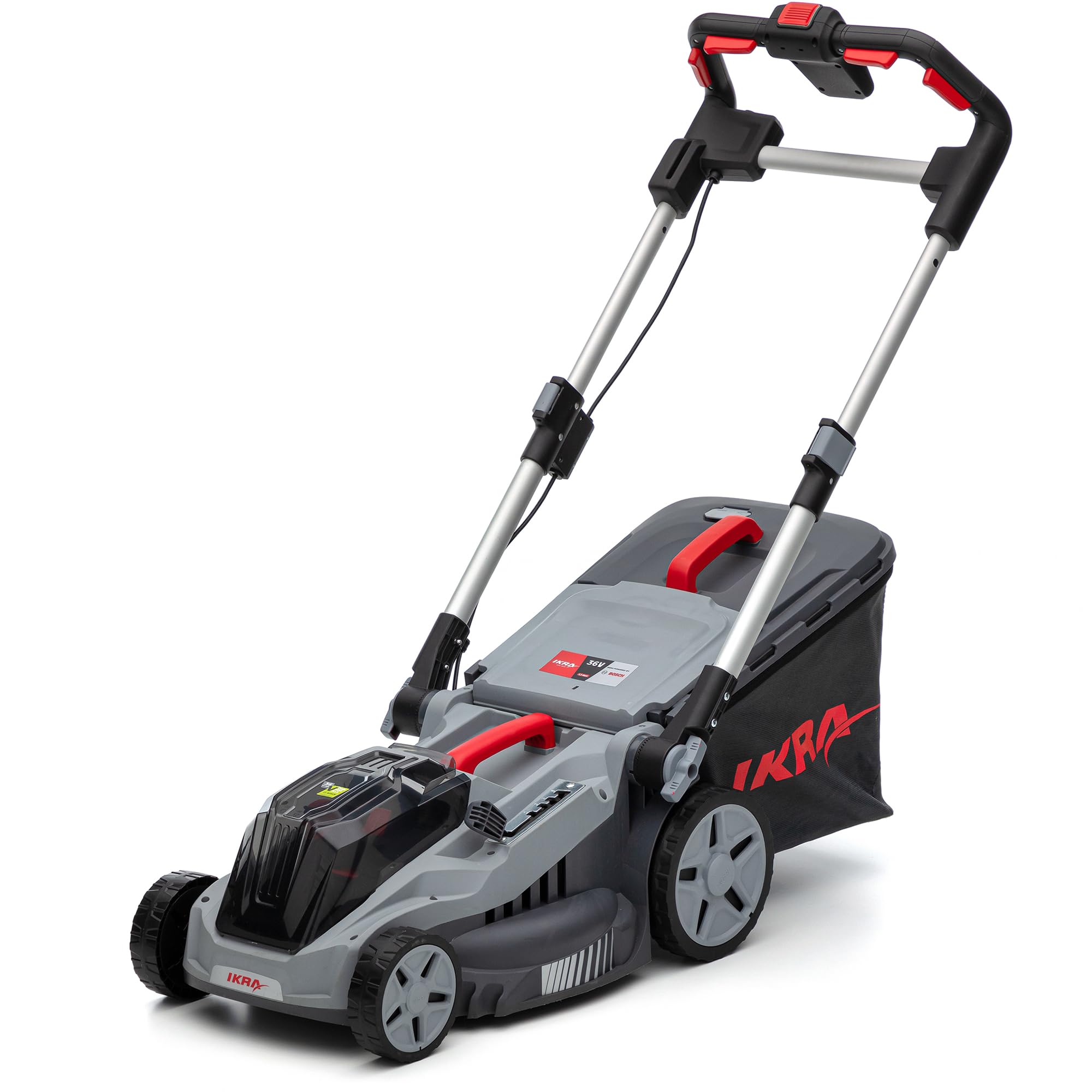 IKRA Rasenmäher IB-LM 38, 3in1, Breite 38cm, ohne 36V Akku & Ladegerät | Kompatibel mit Bosch, Rasenflächen bis 400m², Schnitthöhe 30-75mm, Fangkorb 42l, Batterieladeanzeige am Griff, inkl. Mulchkit