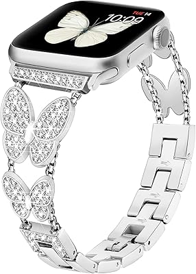 G-ficu Butterfly Band Compatible with Apple Watch Band 41mm 40mm 38mm iWatch SE Series 8 7 6 5 4 3 2 1, Slim Cute Metal Jewelry Bands for Women, Fancy Bling Luxury Diamond Dressy Strap-Silver