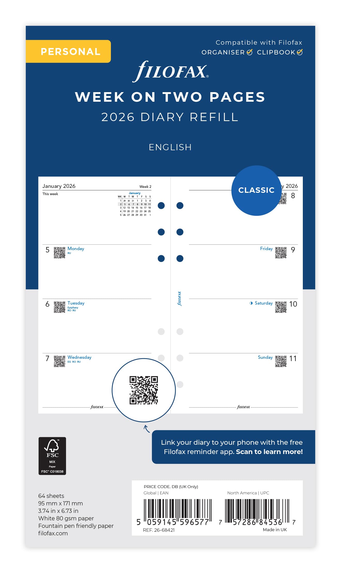 Filofax Personal Week on two pages English 2026 diary 26-68421