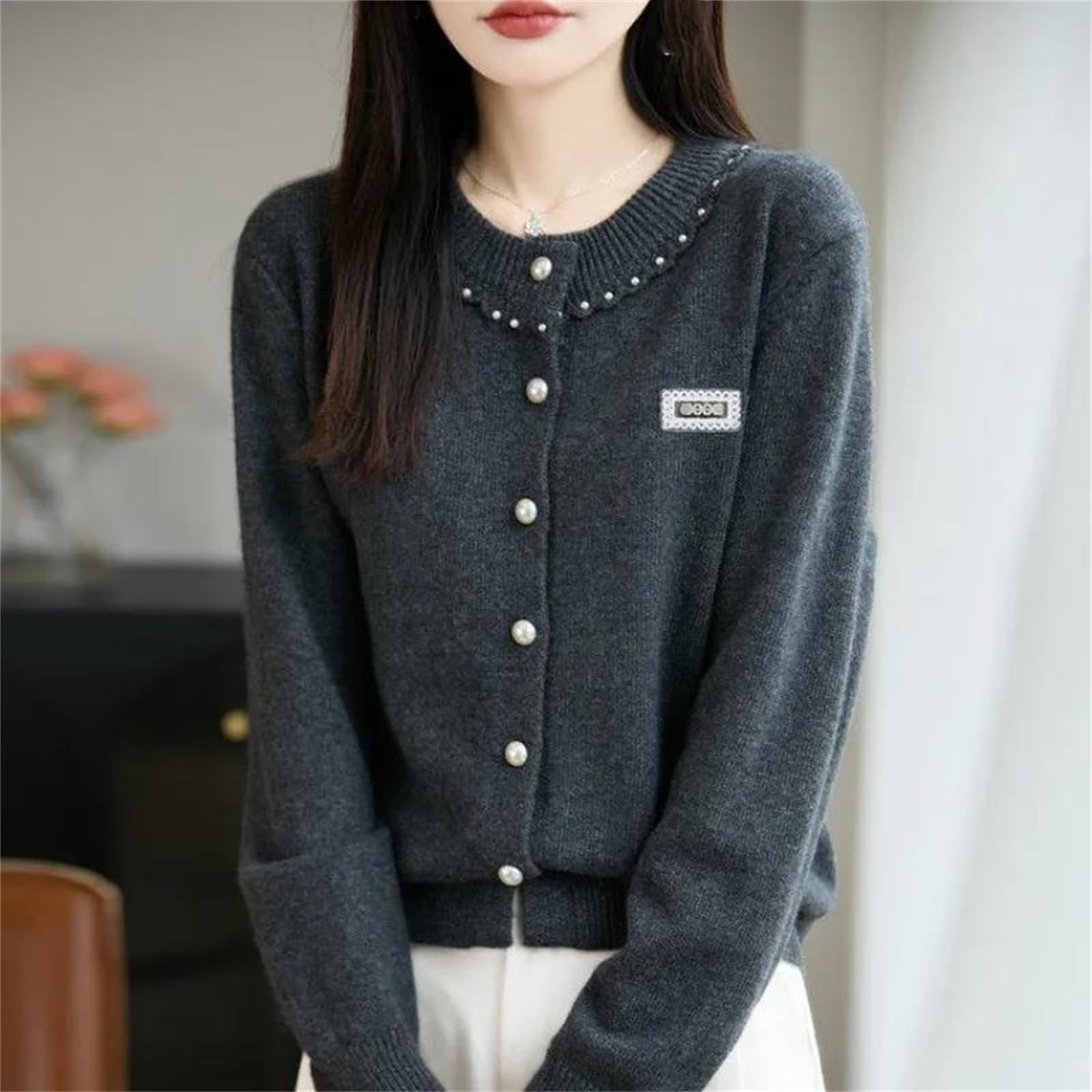 Cárdigan de punto con botones y perlas para mujer, cuello redondo, holgado, de punto de retazos, para otoño e invierno, elegante chaqueta de manga larga